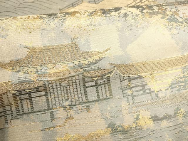 平和屋着物▼西陣 服部織物謹製 六通柄袋帯 こはく錦 風景文 金糸 正絹 逸品 AABH1490wj