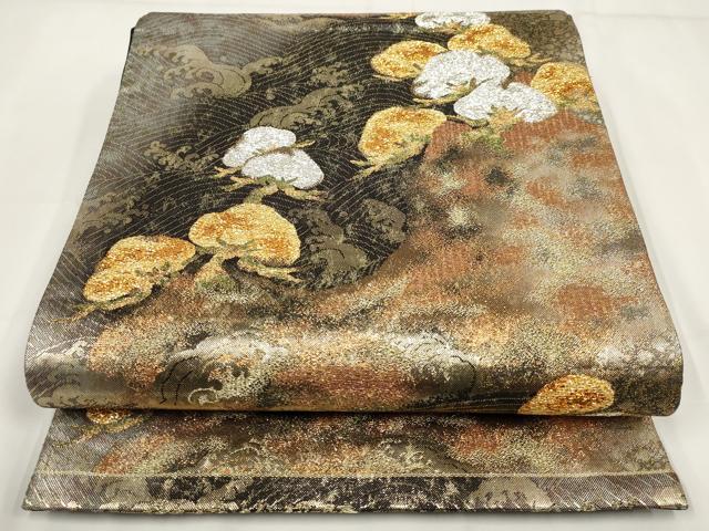 平和屋着物▼六通柄袋帯 霞枝松文 黒地 金銀糸 正絹 逸品 AABH1589wj