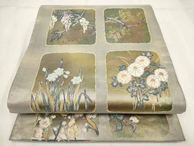 平和屋着物▼六通柄袋帯 色紙花文 金銀糸 正絹 逸品 AABH1593wj