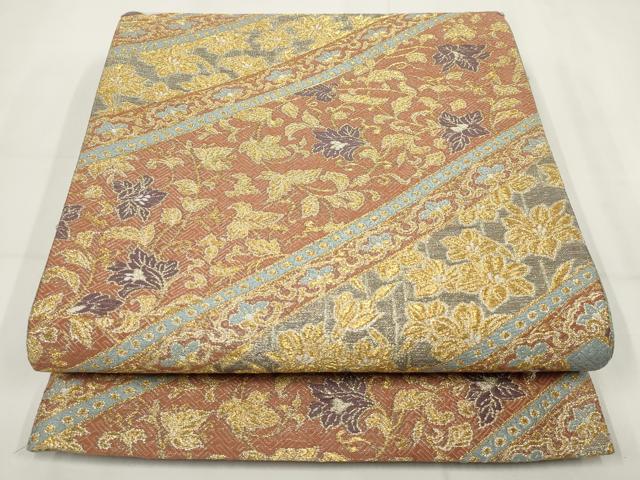 平和屋着物▼六通柄袋帯 斜め取り花鳥丸文 金糸 正絹 逸品 AABH1763wj