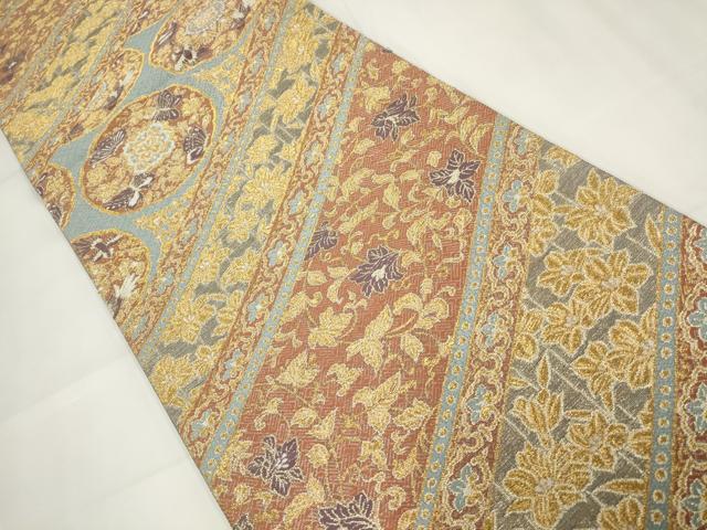 平和屋着物▼六通柄袋帯 斜め取り花鳥丸文 金糸 正絹 逸品 AABH1763wj