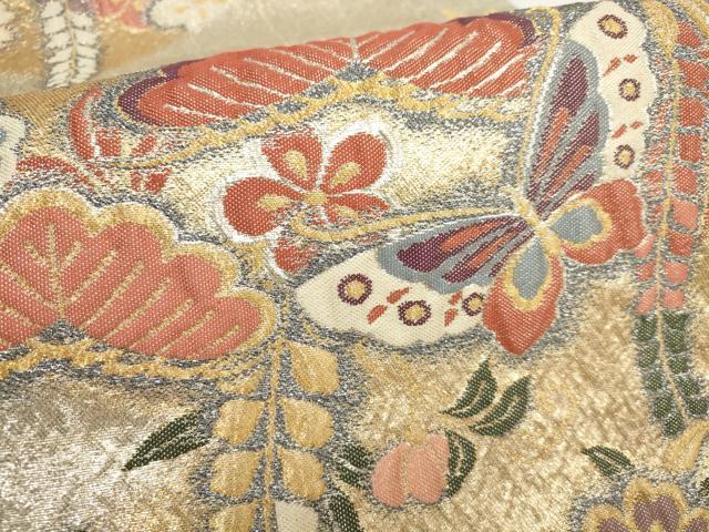 平和屋着物▼六通柄袋帯 ふくれ織 花蝶文 金銀糸 正絹 逸品 AABH1780wj
