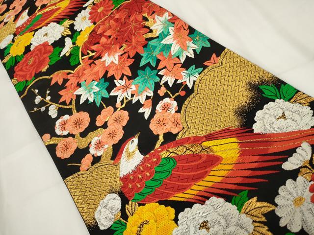平和屋着物▼六通柄袋帯 唐織 花鳥文 黒地 金銀糸 正絹 逸品 AABH1830wj
