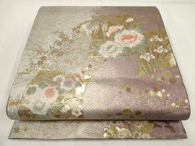 平和屋着物▼六通柄袋帯 立波草花文 金糸 正絹 逸品 AABH1841wj