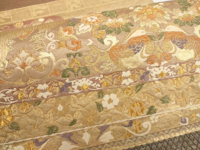 平和屋着物▼六通柄袋帯 道長花鳥文 金糸 正絹 逸品 AABH1845wj