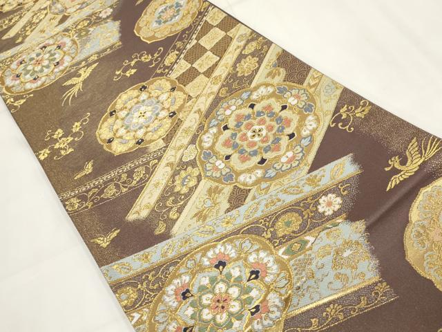 平和屋着物▼六通柄袋帯 吉祥花鳥文 金糸 正絹 逸品 AABH1846wj