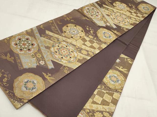平和屋着物▼六通柄袋帯 吉祥花鳥文 金糸 正絹 逸品 AABH1846wj