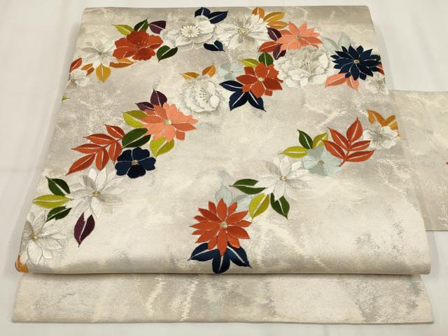 平和屋着物▼総刺繍 九寸名古屋帯 草花文 金銀糸 正絹 逸品 AABH1871wj