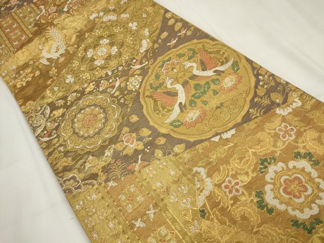 平和屋着物▼六通柄袋帯 切嵌花鳥丸文 金糸 正絹 逸品 AABH1891wj