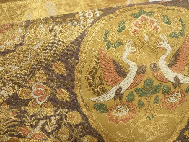 平和屋着物▼六通柄袋帯 切嵌花鳥丸文 金糸 正絹 逸品 AABH1891wj