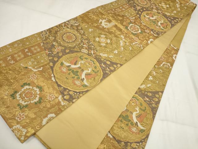 平和屋着物▼六通柄袋帯 切嵌花鳥丸文 金糸 正絹 逸品 AABH1891wj
