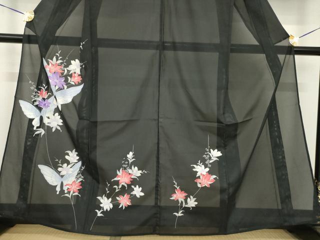 平和屋着物*夏物 訪問着 絽 花蝶文 黒地 洗える着物 AABH1938ck