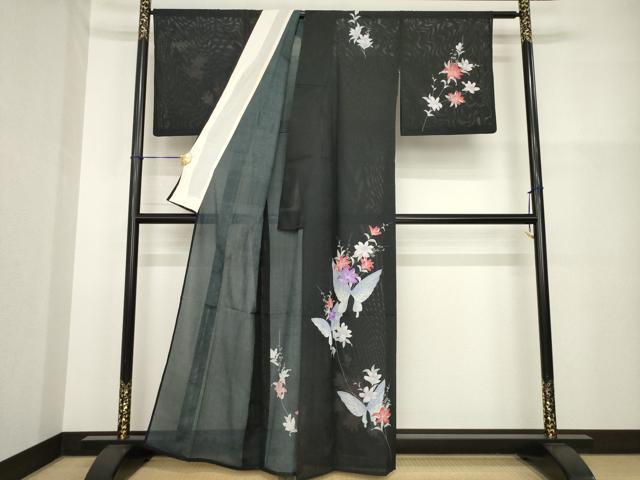平和屋着物*夏物 訪問着 絽 花蝶文 黒地 洗える着物 AABH1938ck