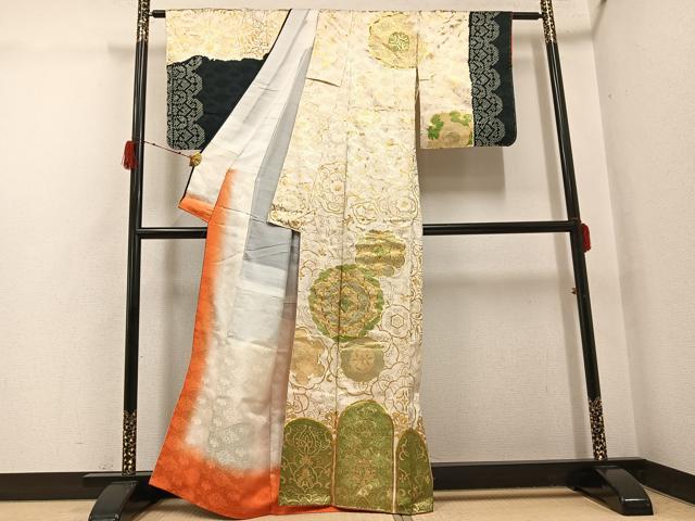 平和屋着物●訪問着 駒刺繍 絞り 花唐草文 金彩 正絹 逸品 未使用 AABH2010ph
