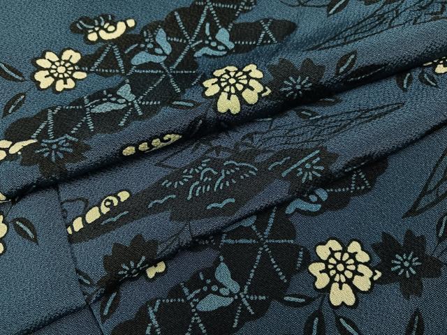 平和屋着物●上質な小紋 藍 型染め 花蝶文 鬼しぼ縮緬 正絹 逸品 AABH2024ph