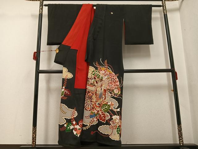 平和屋着物●アンティーク 大正ロマン 黒留袖 御所車花文 金彩 正絹 逸品 AABH2025ph