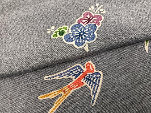 平和屋着物●上質な小紋 型染め 花鳥文 鬼しぼ縮緬 正絹 逸品 未使用 AABH2035ph