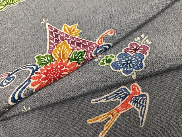 平和屋着物●上質な小紋 型染め 花鳥文 鬼しぼ縮緬 正絹 逸品 未使用 AABH2035ph