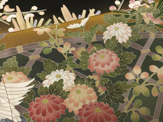 平和屋着物●十日町友禅作家 岡村蒼風 黒留袖 群れ鶴草花文 正絹 逸品 AABH2055ph
