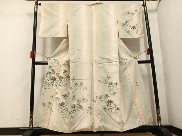 平和屋着物●訪問着 作家物 彩峯 紬地 手描き 草花 紅花 暈し染め 正絹 逸品 AABH2072ph