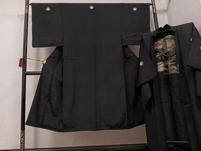 平和屋着物●男性 黒紋付・羽織セット 正絹 逸品 AABH2074ph