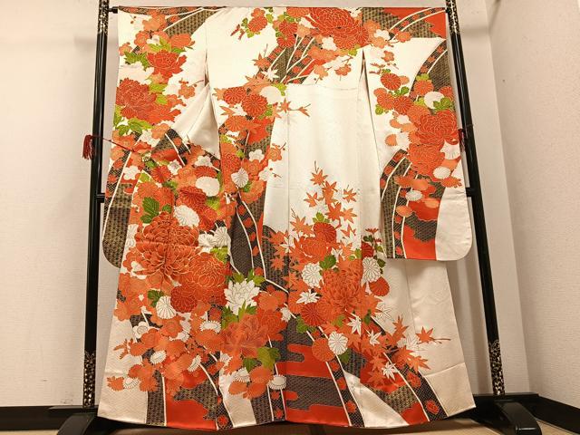 平和屋着物●豪華振袖 駒刺繍 草花文 金彩 正絹 逸品 AABH2080ph