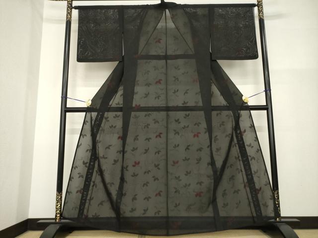 平和屋着物*夏物 小紋 紗 蔦草文 黒地 正絹 逸品 AABH2089ck