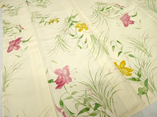 平和屋着物*夏物 小紋 絽 手描き 草花文 銀彩 正絹 逸品 未使用 AABH2149ck