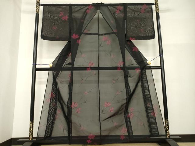 平和屋着物*夏物 小紋 紗 草花文 黒地 正絹 逸品 未使用 AABH2155ck