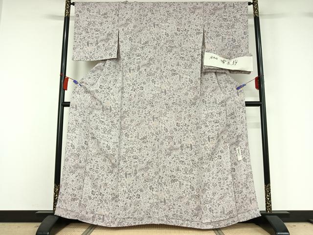 平和屋着物▽上質な小紋 単衣 作家物 花更紗文 鬼しぼ縮緬 反端付き 正絹 逸品 AABH2166jh