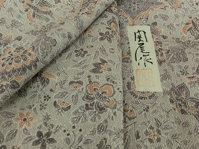 平和屋着物▽上質な小紋 単衣 作家物 花更紗文 鬼しぼ縮緬 反端付き 正絹 逸品 AABH2166jh