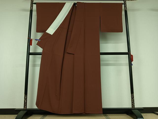 平和屋着物▽色無地 単衣 赤褐色 洗える着物 AABH2174jh