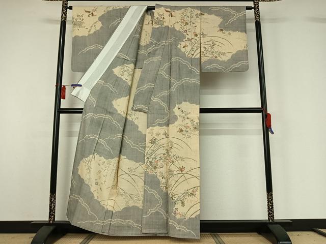 平和屋着物▽染織の名門 しょうざん 生紬 訪問着 単衣 絞り 雲取り花蝶文 正絹 逸品 AABH2180jh