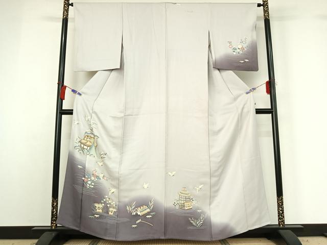 平和屋着物▽訪問着 単衣 飛鶴風景花文 暈し染め 金糸 金彩 正絹 逸品 AABH2203jh