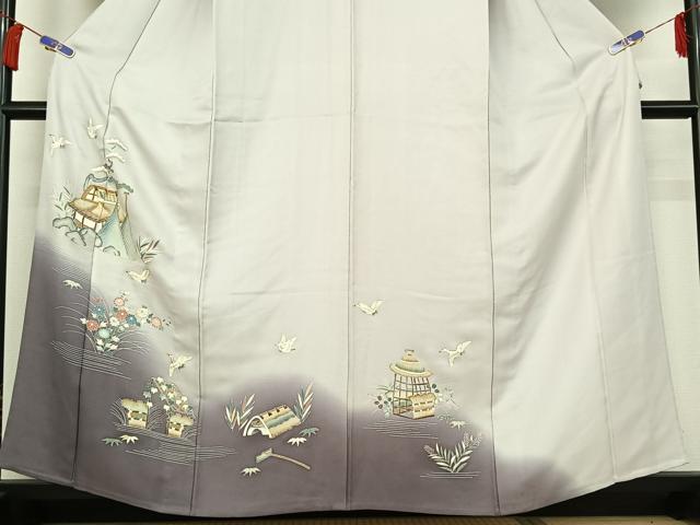 平和屋着物▽訪問着 単衣 飛鶴風景花文 暈し染め 金糸 金彩 正絹 逸品 AABH2203jh