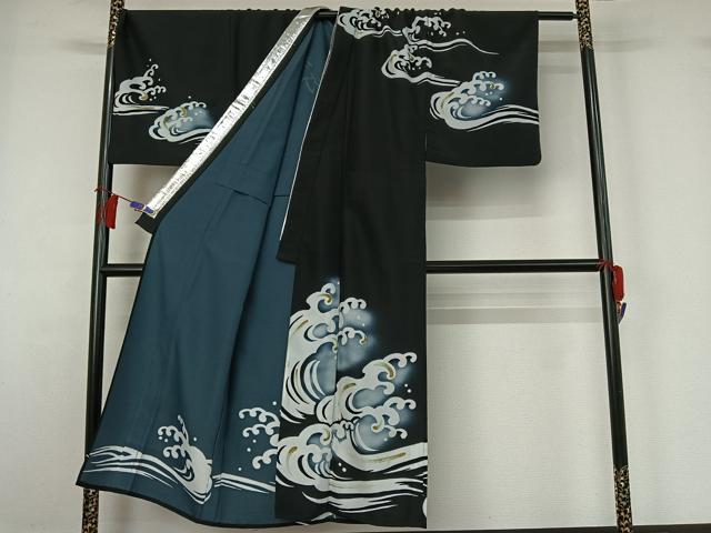 平和屋着物▽男性 訪問着 単衣 舞台衣装 立波文 黒地 正絹 逸品 AABH2208jh