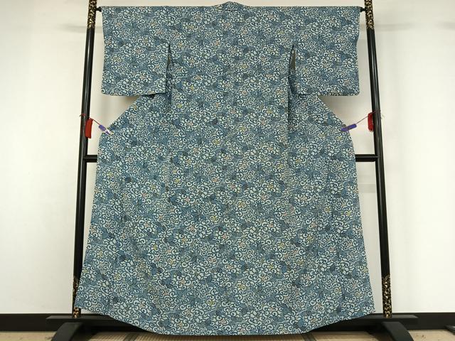 平和屋着物▽上質な小紋 単衣 藍 型染め 花唐草文 鬼しぼ縮緬 正絹 逸品 AABH2209jh