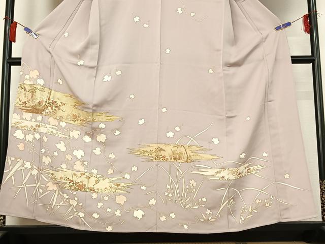 平和屋着物▽訪問着 単衣 駒刺繍 草花文 金彩 正絹 逸品 AABH2237jh