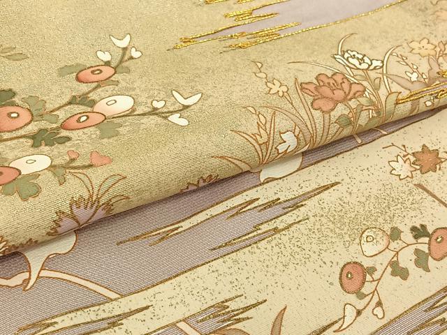 平和屋着物▽訪問着 単衣 駒刺繍 草花文 金彩 正絹 逸品 AABH2237jh