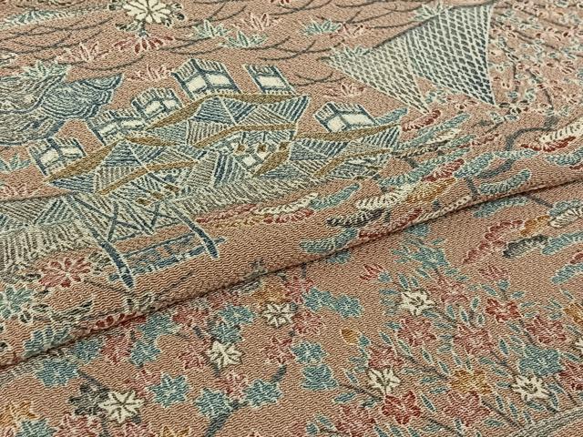 平和屋着物▽上質な小紋 単衣 風景花文 鬼しぼ縮緬 正絹 逸品 AABH2247jh