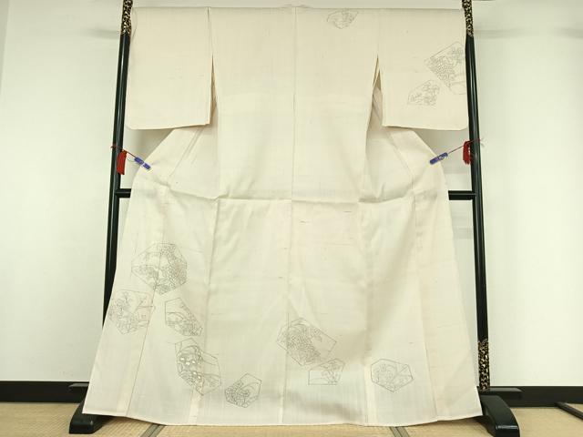 平和屋着物▽訪問着 単衣 紬地 手描き 草花文 正絹 逸品 AABH2273jh