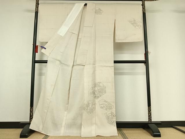 平和屋着物▽訪問着 単衣 紬地 手描き 草花文 正絹 逸品 AABH2273jh