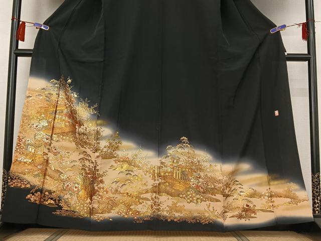 平和屋着物▽豪華黒留袖 単衣 作家物 御所車風景花文 暈し染め 金彩 正絹 逸品 AABH2274jh