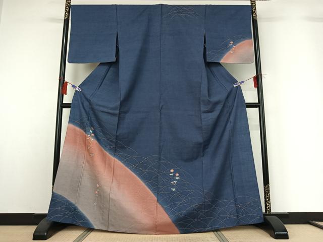 平和屋着物▽訪問着 単衣 紬地 刺繍 草花文 暈し染め 金彩 金糸 正絹 逸品 AABH2275jh