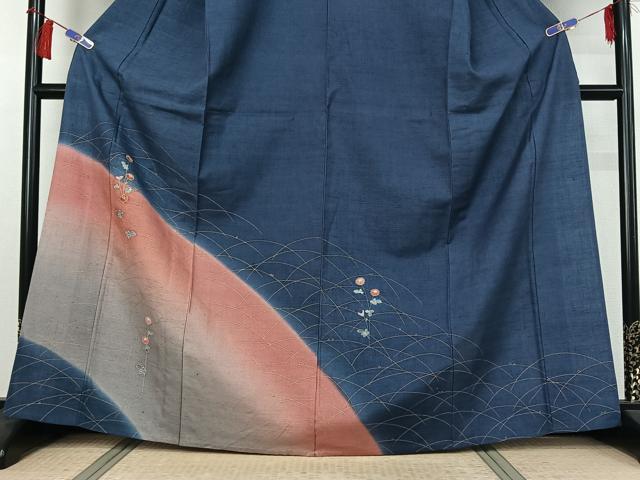 平和屋着物▽訪問着 単衣 紬地 刺繍 草花文 暈し染め 金彩 金糸 正絹 逸品 AABH2275jh