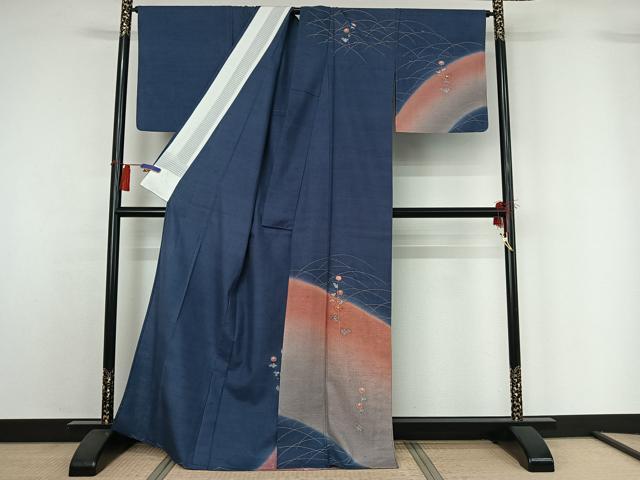平和屋着物▽訪問着 単衣 紬地 刺繍 草花文 暈し染め 金彩 金糸 正絹 逸品 AABH2275jh