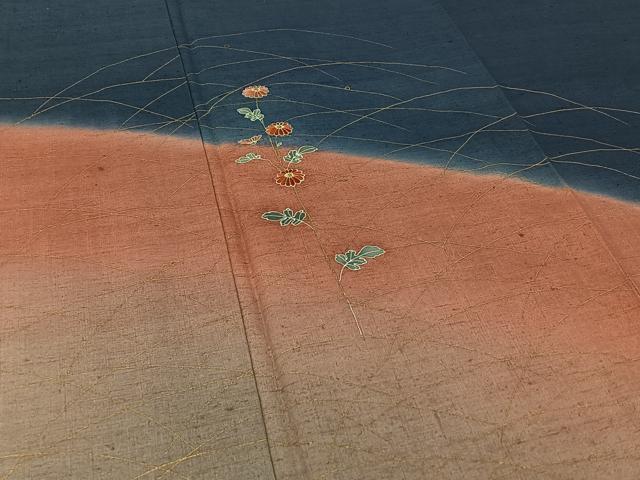 平和屋着物▽訪問着 単衣 紬地 刺繍 草花文 暈し染め 金彩 金糸 正絹 逸品 AABH2275jh