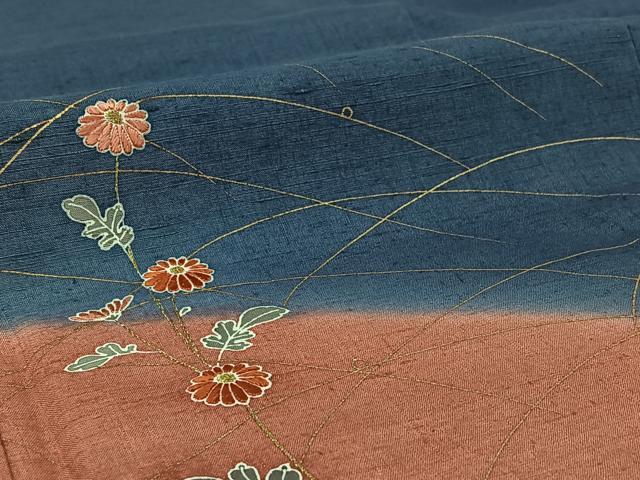 平和屋着物▽訪問着 単衣 紬地 刺繍 草花文 暈し染め 金彩 金糸 正絹 逸品 AABH2275jh