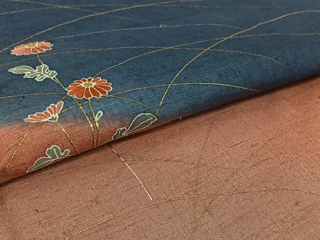 平和屋着物▽訪問着 単衣 紬地 刺繍 草花文 暈し染め 金彩 金糸 正絹 逸品 AABH2275jh