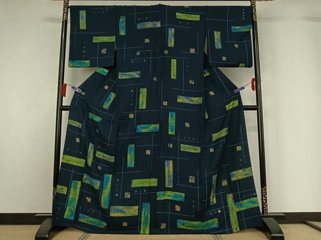 平和屋着物▽訪問着 単衣 お召地 幾何学文様 正絹 逸品 AABH2283jh
